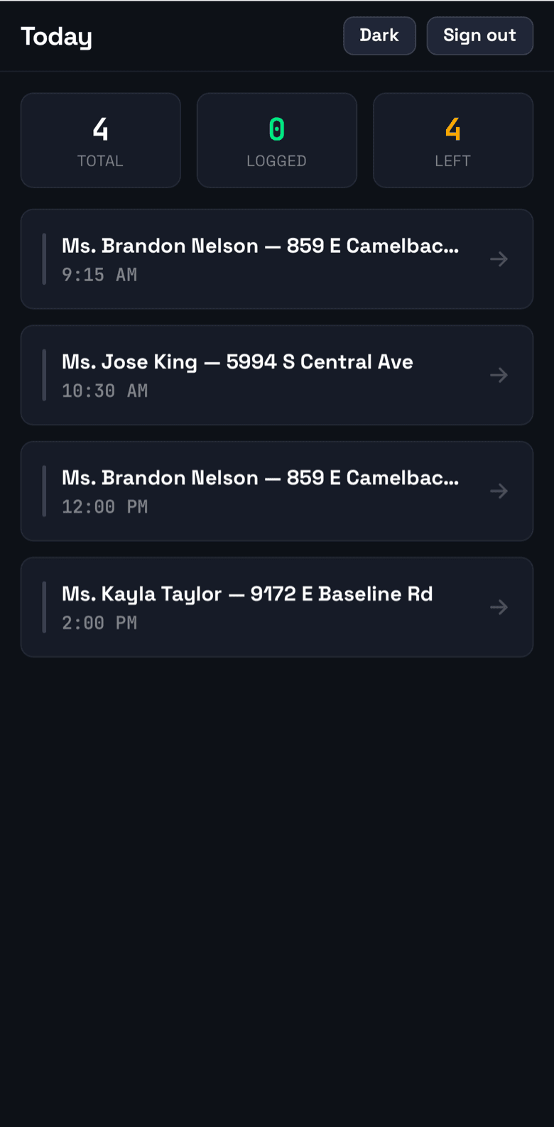 Today’s route in Dose on a phone: four scheduled stops with times, and counters for total, logged, and left